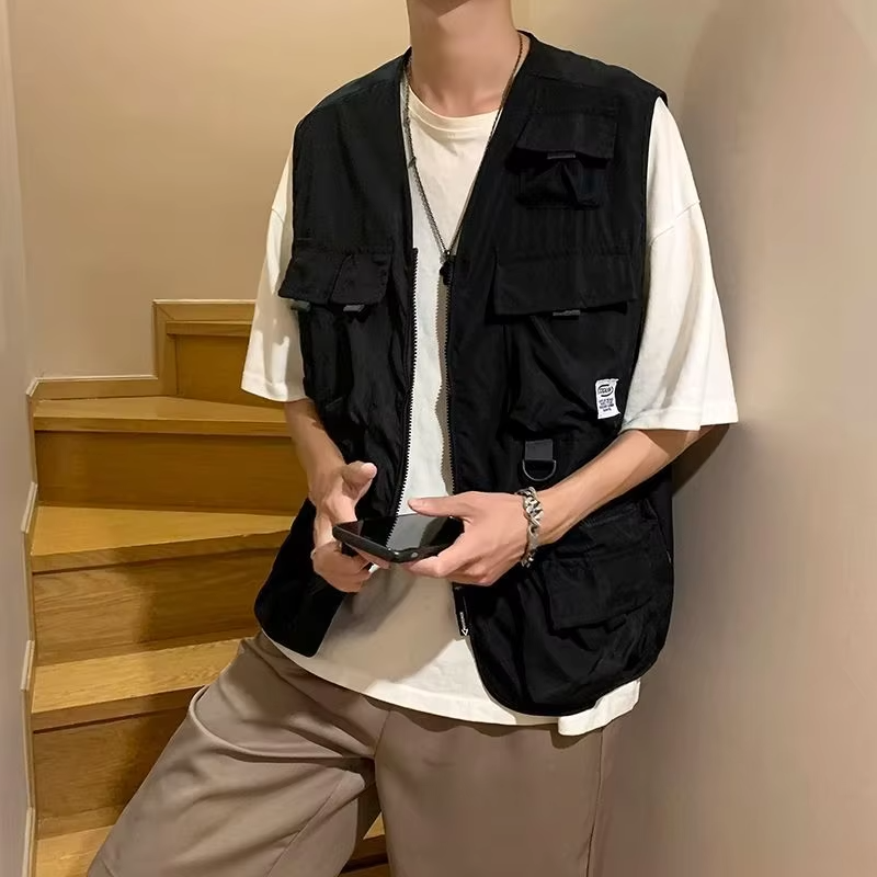 INS Trendy Vest Jacket for Men Functional Loose Sleeveless Jacket Hong Kong Japanese Style Multi Pocket Summer Workwear