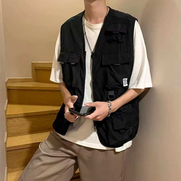 INS Trendy Vest Jacket for Men Functional Loose Sleeveless Jacket Hong Kong Japanese Style Multi Pocket Summer Workwear