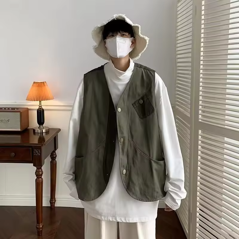 Unisex Hong Kong Retro Workwear Vest Loose Sleeveless Couple's Jacket for Men Women Trendy Versatile Streetwear