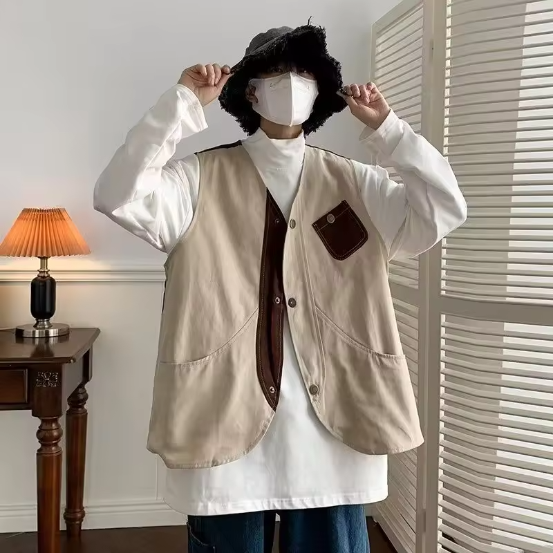 Unisex Hong Kong Retro Workwear Vest Loose Sleeveless Couple's Jacket for Men Women Trendy Versatile Streetwear