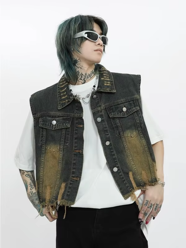 Vintage Distressed Denim Vest for Men Retro Western Style Unisex Short Sleeveless Jacket