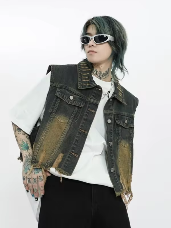 Vintage Distressed Denim Vest for Men Retro Western Style Unisex Short Sleeveless Jacket