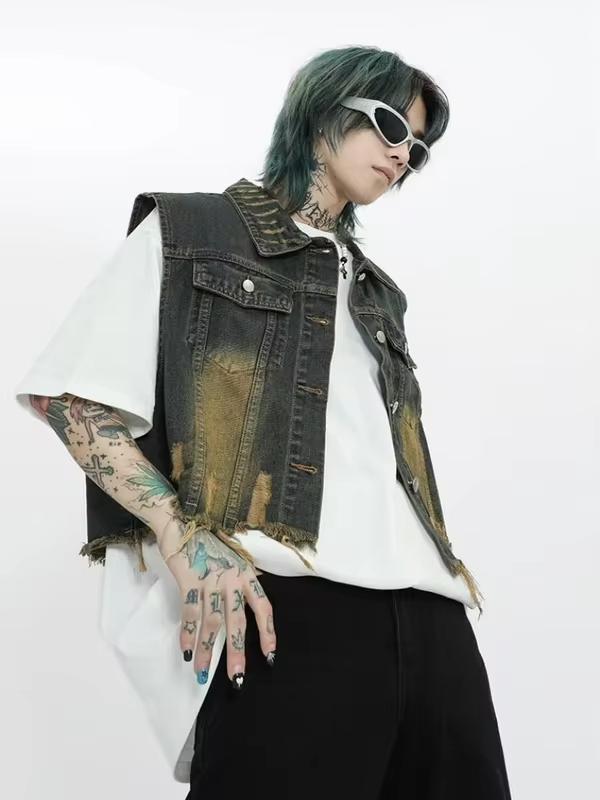 Vintage Distressed Denim Vest for Men Retro Western Style Unisex Short Sleeveless Jacket