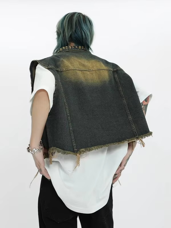Vintage Distressed Denim Vest for Men Retro Western Style Unisex Short Sleeveless Jacket