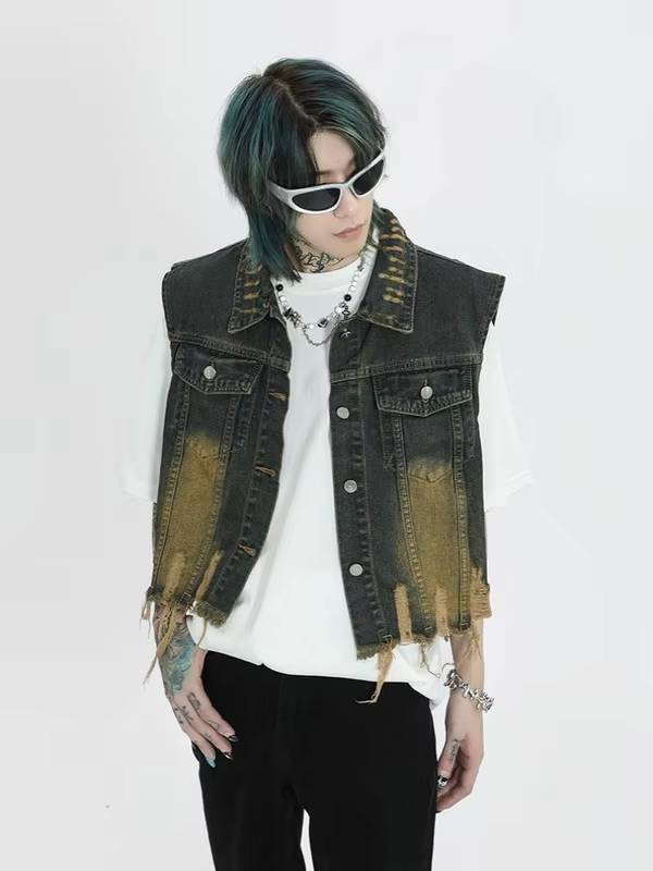 Vintage Distressed Denim Vest for Men Retro Western Style Unisex Short Sleeveless Jacket