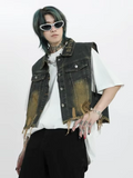 Vintage Distressed Denim Vest for Men Retro Western Style Unisex Short Sleeveless Jacket