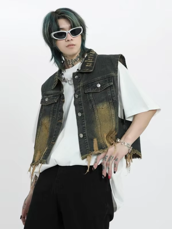Vintage Distressed Denim Vest for Men Retro Western Style Unisex Short Sleeveless Jacket