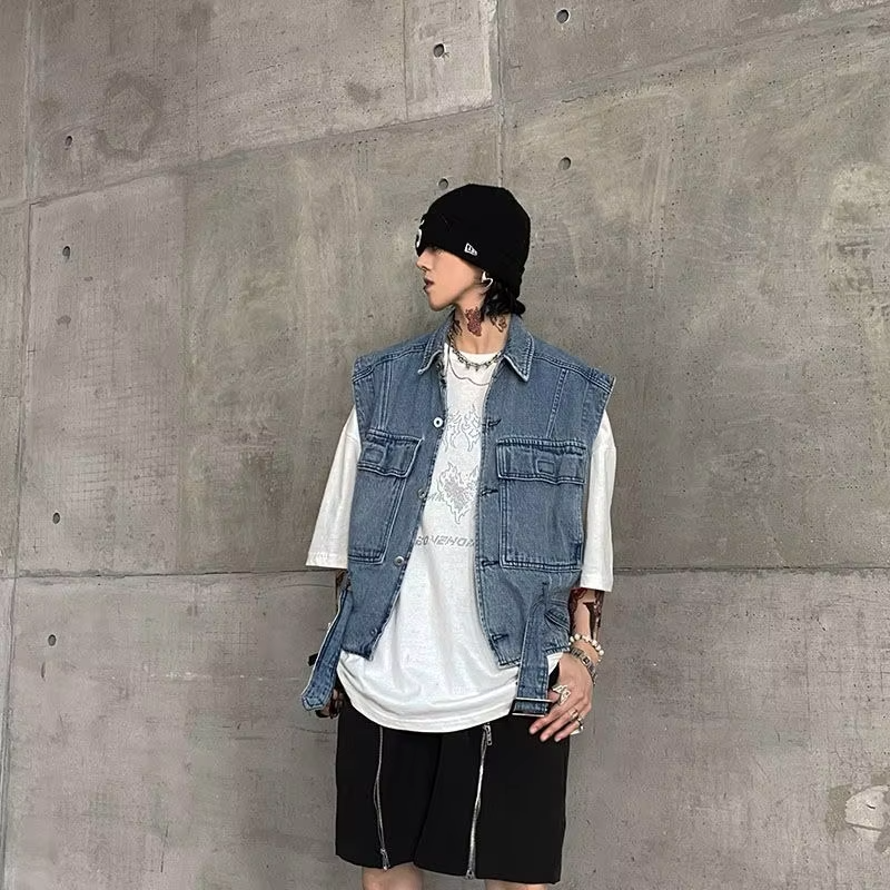Vintage Washed Denim Vest Unisex Streetwear Workwear Jacket Casual Layering Outerwear
