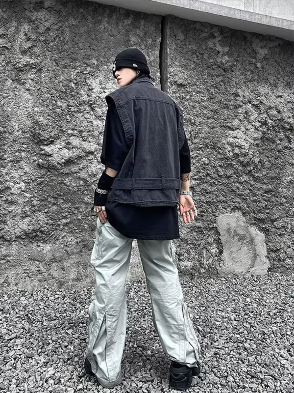 Vintage Washed Denim Vest Unisex Streetwear Workwear Jacket Casual Layering Outerwear