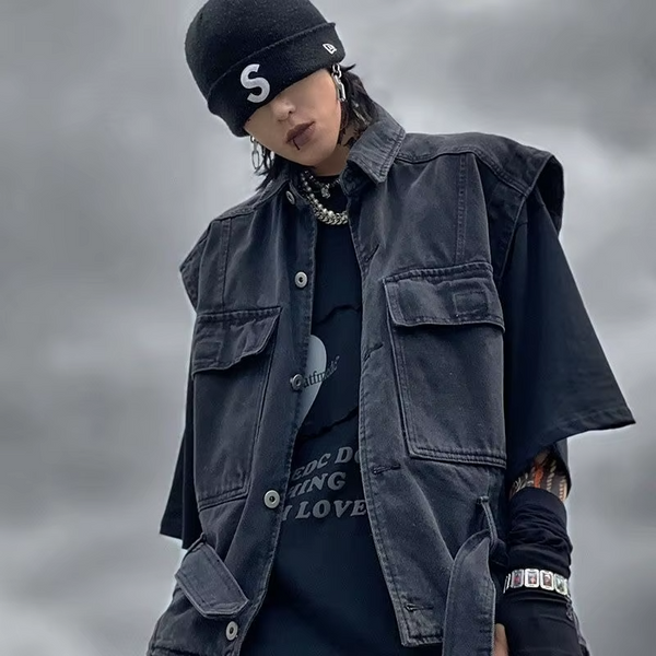 Vintage Washed Denim Vest Unisex Streetwear Workwear Jacket Casual Layering Outerwear
