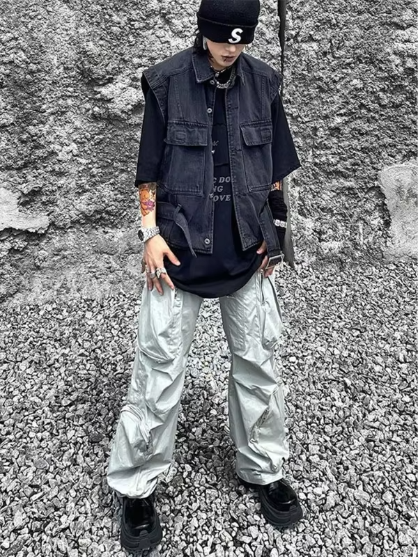Vintage Washed Denim Vest Unisex Streetwear Workwear Jacket Casual Layering Outerwear