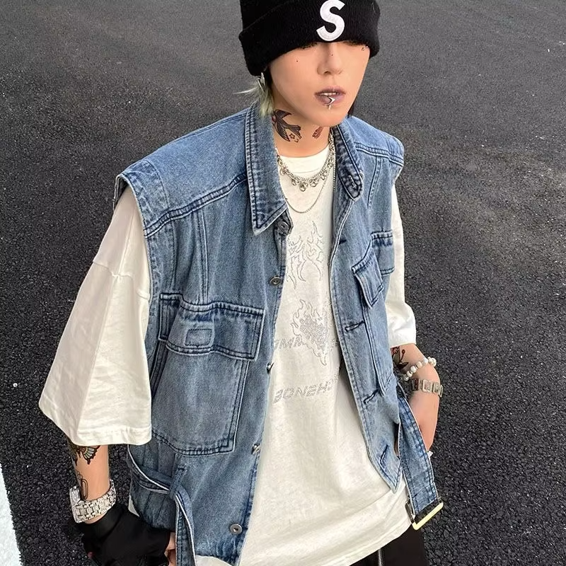 Vintage Washed Denim Vest Unisex Streetwear Workwear Jacket Casual Layering Outerwear
