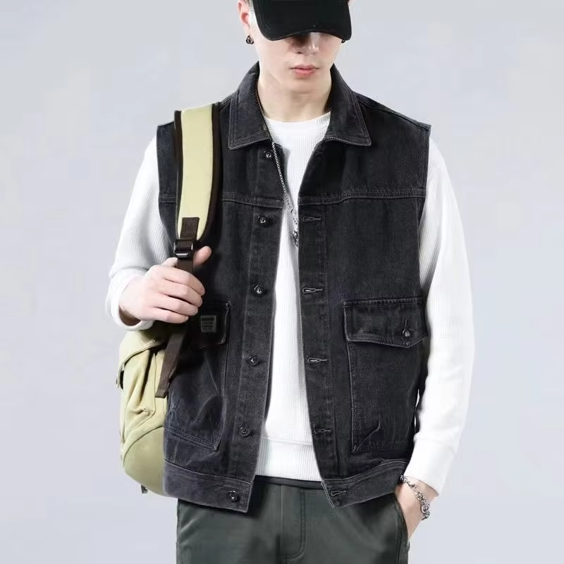 Men's Streetwear Denim Vest Oversized Ins Workwear Jacket Autumn Casual Wear with Pockets