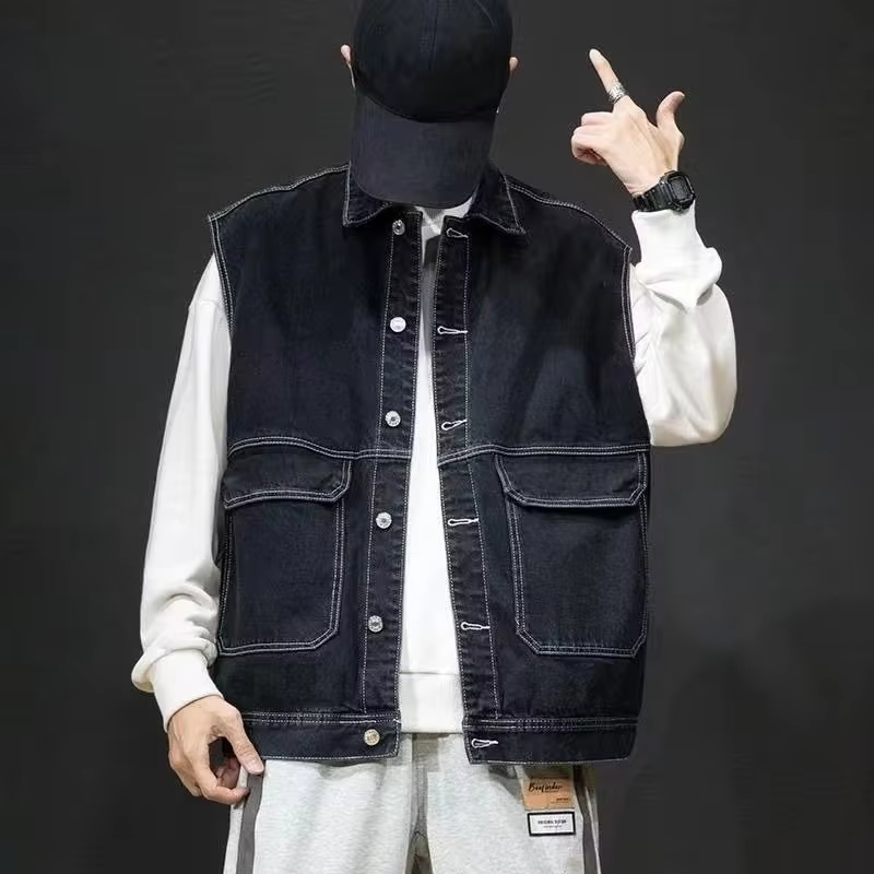 Men's Streetwear Denim Vest Oversized Ins Workwear Jacket Autumn Casual Wear with Pockets