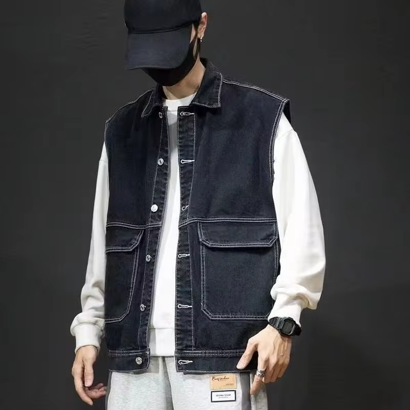 Men's Streetwear Denim Vest Oversized Ins Workwear Jacket Autumn Casual Wear with Pockets