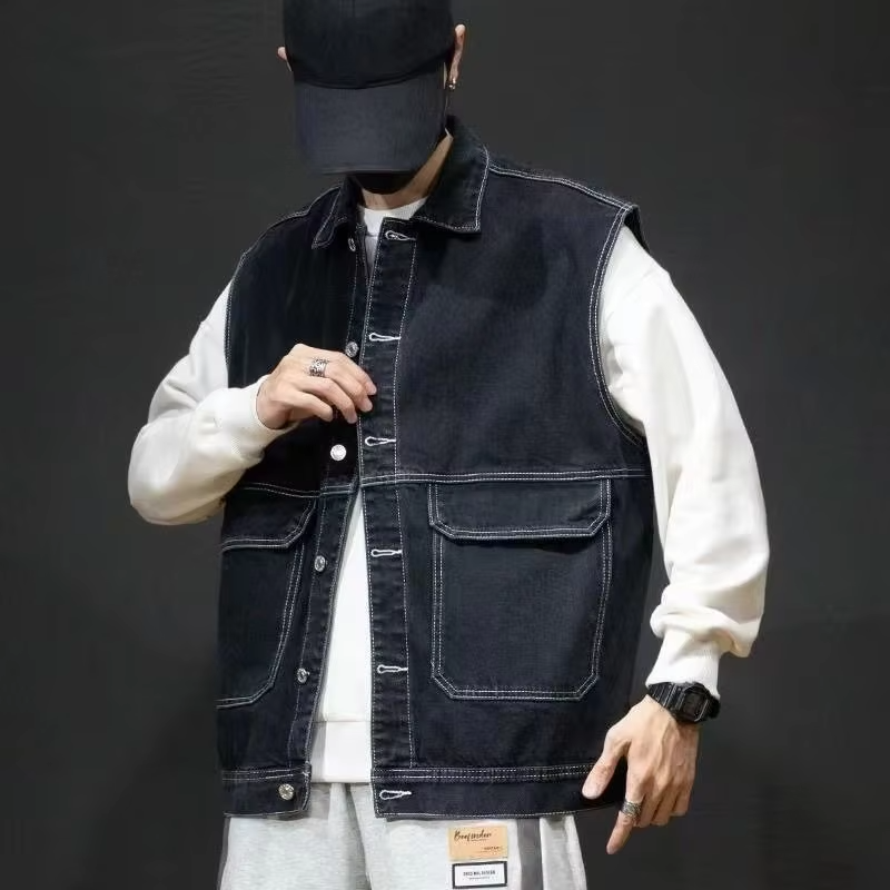Men's Streetwear Denim Vest Oversized Ins Workwear Jacket Autumn Casual Wear with Pockets