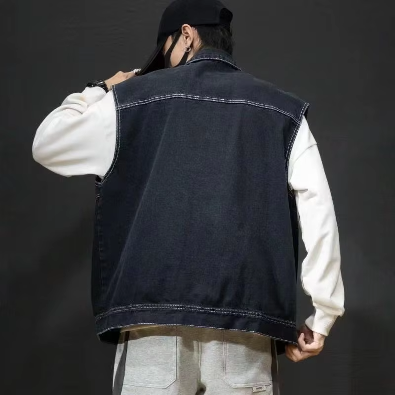 Men's Streetwear Denim Vest Oversized Ins Workwear Jacket Autumn Casual Wear with Pockets
