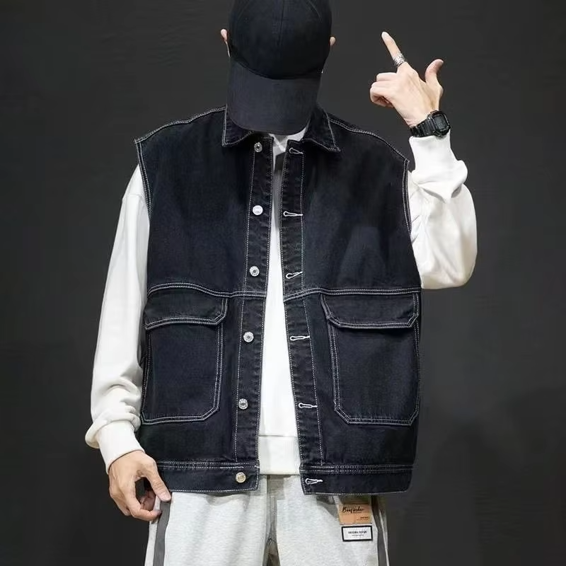 Men's Streetwear Denim Vest Oversized Ins Workwear Jacket Autumn Casual Wear with Pockets