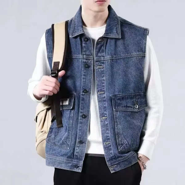 Men's Streetwear Denim Vest Oversized Ins Workwear Jacket Autumn Casual Wear with Pockets