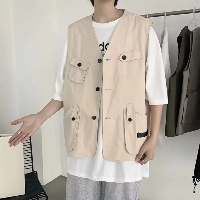 Vintage Hong Kong Style Sleeveless Utility Jacket Men's Streetwear Casual Insulated Workwear Vest