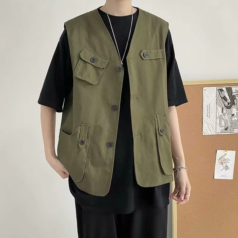 Vintage Hong Kong Style Sleeveless Utility Jacket Men's Streetwear Casual Insulated Workwear Vest