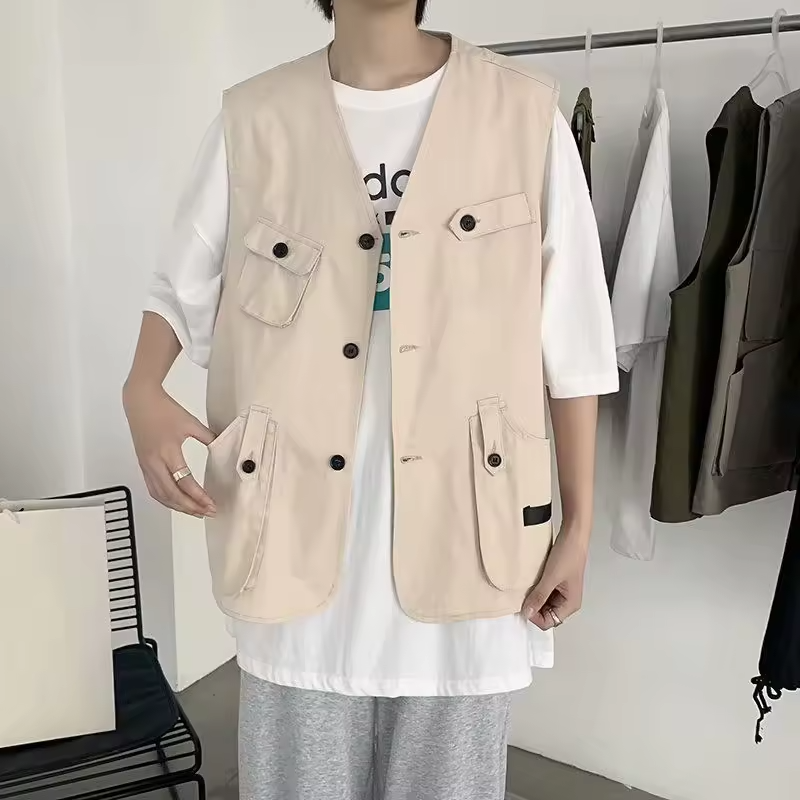 Vintage Hong Kong Style Sleeveless Utility Jacket Men's Streetwear Casual Insulated Workwear Vest