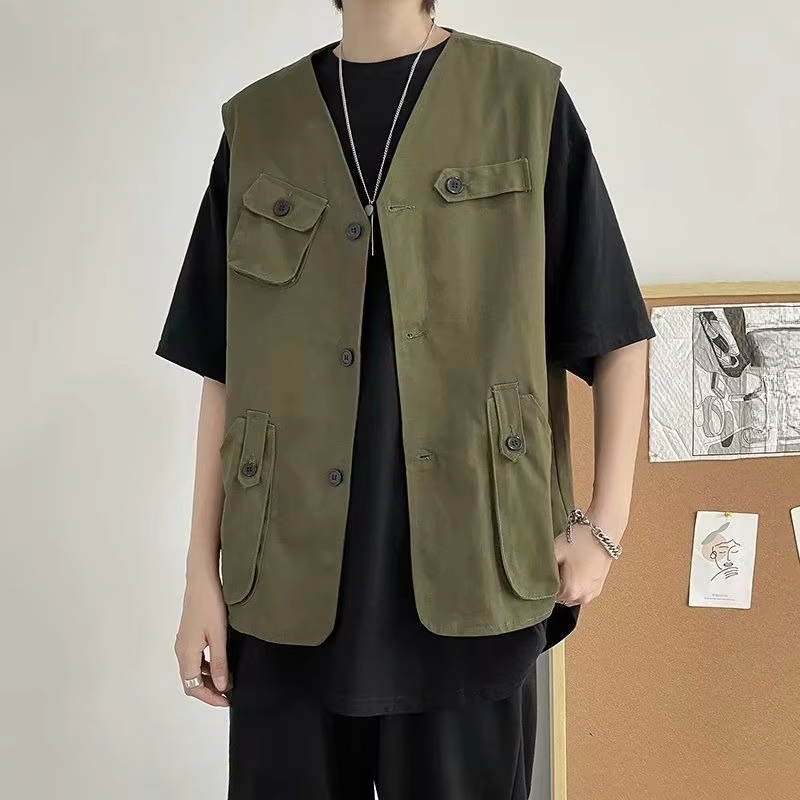 Vintage Hong Kong Style Sleeveless Utility Jacket Men's Streetwear Casual Insulated Workwear Vest