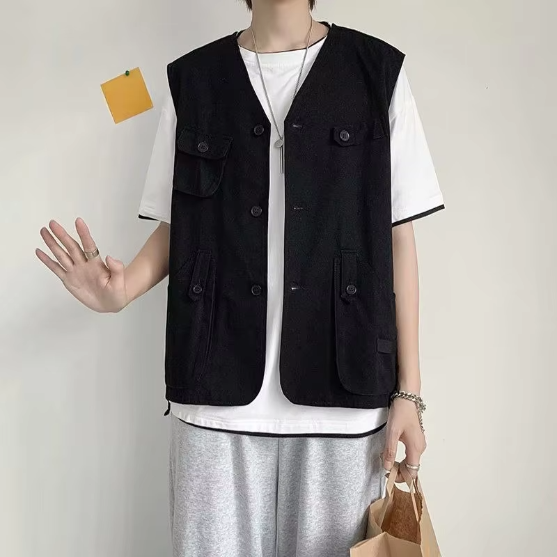 Vintage Hong Kong Style Sleeveless Utility Jacket Men's Streetwear Casual Insulated Workwear Vest