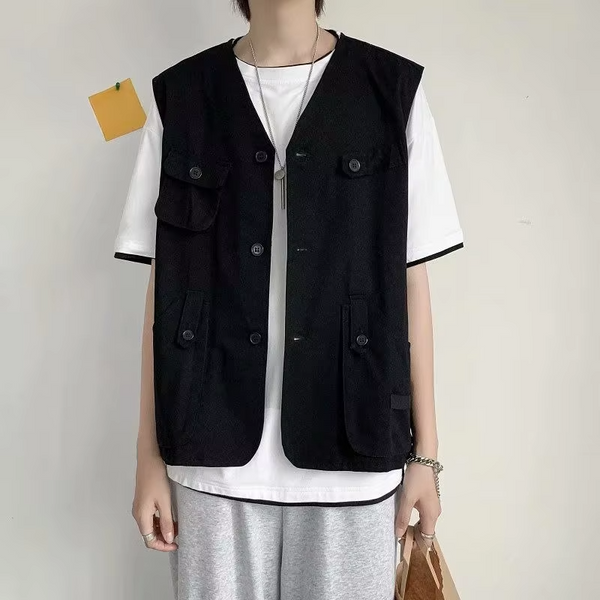Vintage Hong Kong Style Sleeveless Utility Jacket Men's Streetwear Casual Insulated Workwear Vest