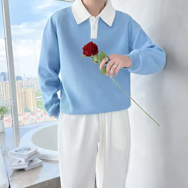 Loose Hong Kong Style Male Sweatshirt Cotton Leisure Wear to Work Polo Sweat Shirt Men's Pullover Clothing Deals Streetwear Warm