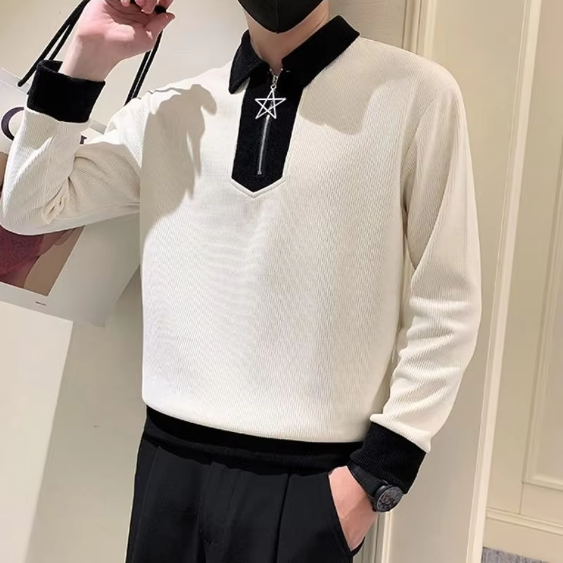 Korean Style Leisure Male Sweatshirt Polo Collar With Zipper Aesthetic Y2k Vintage Emo Simple Cheap Sweat Shirt Men's Pullover