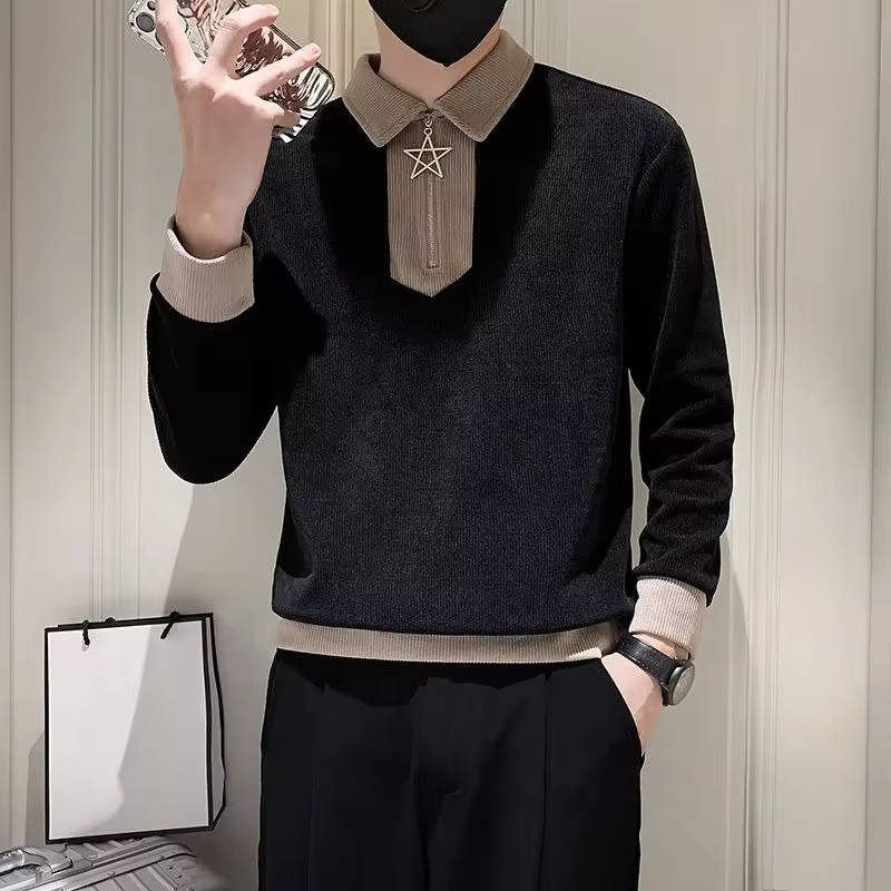 Korean Style Leisure Male Sweatshirt Polo Collar With Zipper Aesthetic Y2k Vintage Emo Simple Cheap Sweat Shirt Men's Pullover