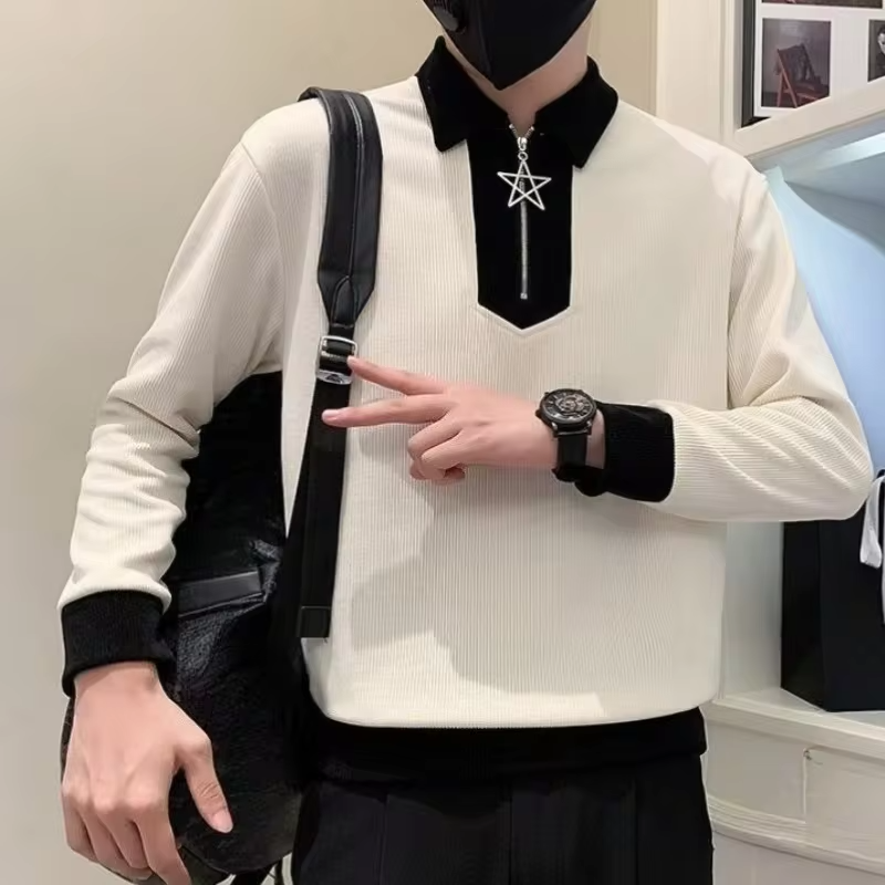 Korean Style Leisure Male Sweatshirt Polo Collar With Zipper Aesthetic Y2k Vintage Emo Simple Cheap Sweat Shirt Men's Pullover