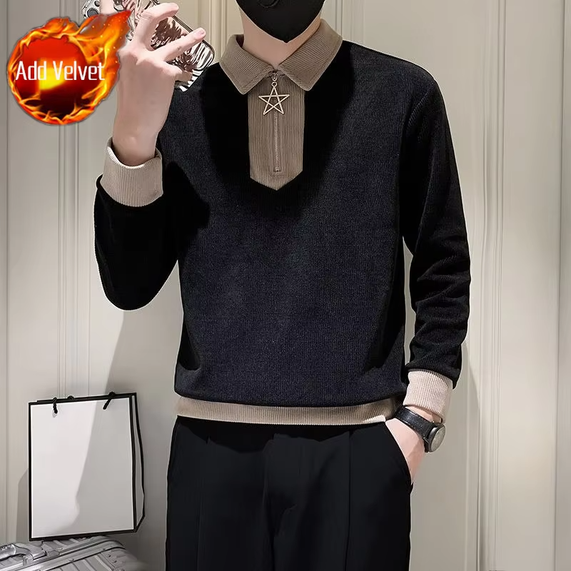 Korean Style Leisure Male Sweatshirt Polo Collar With Zipper Aesthetic Y2k Vintage Emo Simple Cheap Sweat Shirt Men's Pullover