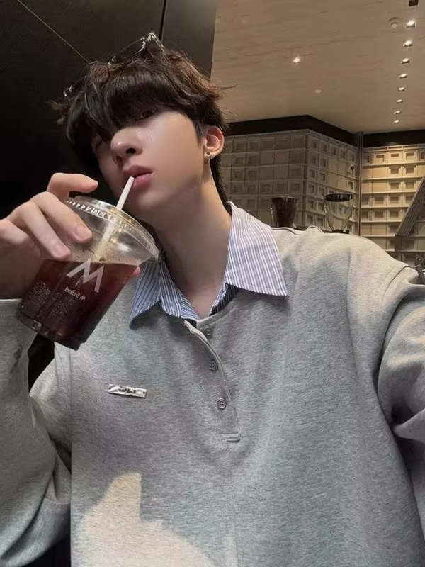 Spring and Autumn Splicing Polo T Shirt for Men Korean Luxury Harajuku Fashion Xl Man Sweatshirt Designer Elegant Emo Pullovers