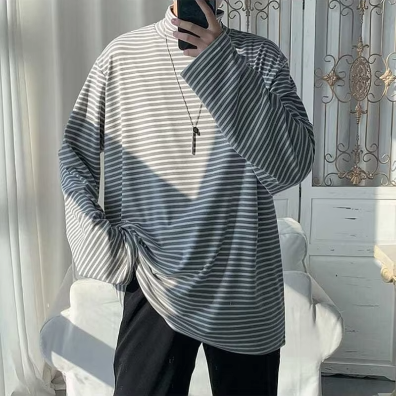 Men Mock Neck Long Sleeve T Shirt Oversized Fit Casual Basic Tee Top Streetwear Trendy Autumn Clothing
