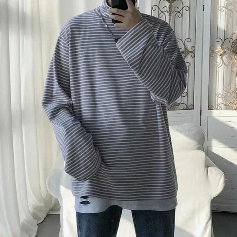 Men Mock Neck Long Sleeve T Shirt Oversized Fit Casual Basic Tee Top Streetwear Trendy Autumn Clothing
