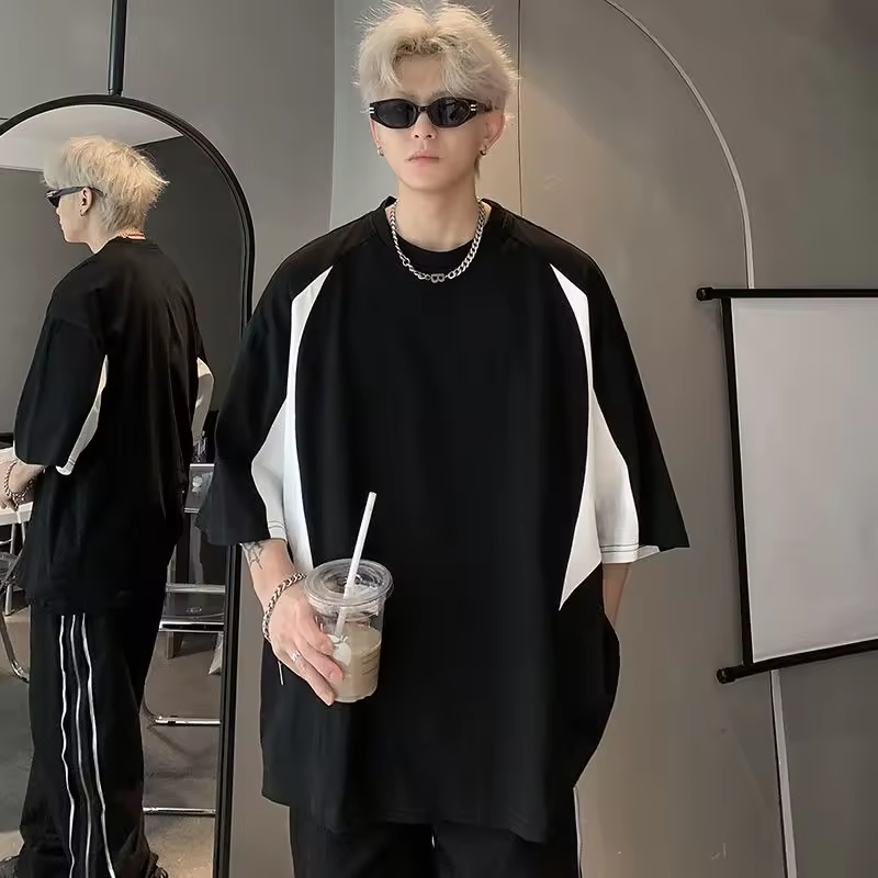 Oversized Big and Tall Men's T-Shirt 300lbs Pure Cotton Summer Tee American Style Color Blocking Trendy Loose Fit Top