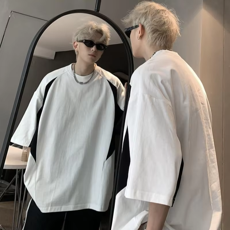 Oversized Big and Tall Men's T-Shirt 300lbs Pure Cotton Summer Tee American Style Color Blocking Trendy Loose Fit Top