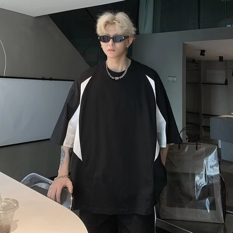 Oversized Big and Tall Men's T-Shirt 300lbs Pure Cotton Summer Tee American Style Color Blocking Trendy Loose Fit Top