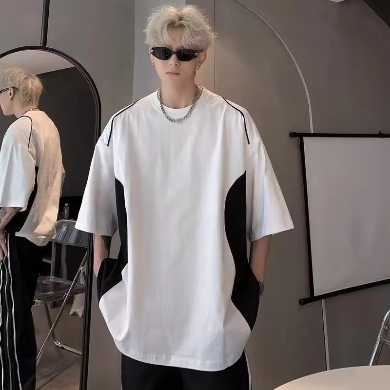 Oversized Big and Tall Men's T-Shirt 300lbs Pure Cotton Summer Tee American Style Color Blocking Trendy Loose Fit Top