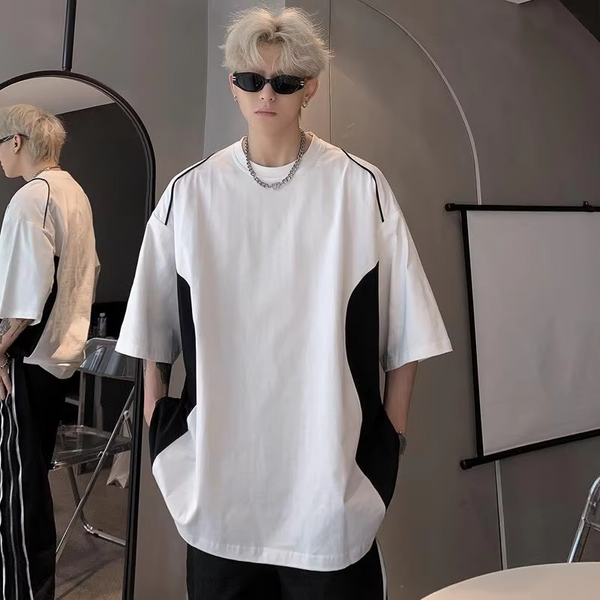 Oversized Big and Tall Men's T-Shirt 300lbs Pure Cotton Summer Tee American Style Color Blocking Trendy Loose Fit Top