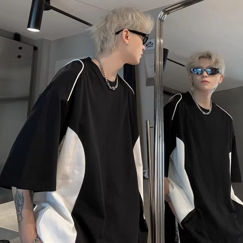 Oversized Big and Tall Men's T-Shirt 300lbs Pure Cotton Summer Tee American Style Color Blocking Trendy Loose Fit Top