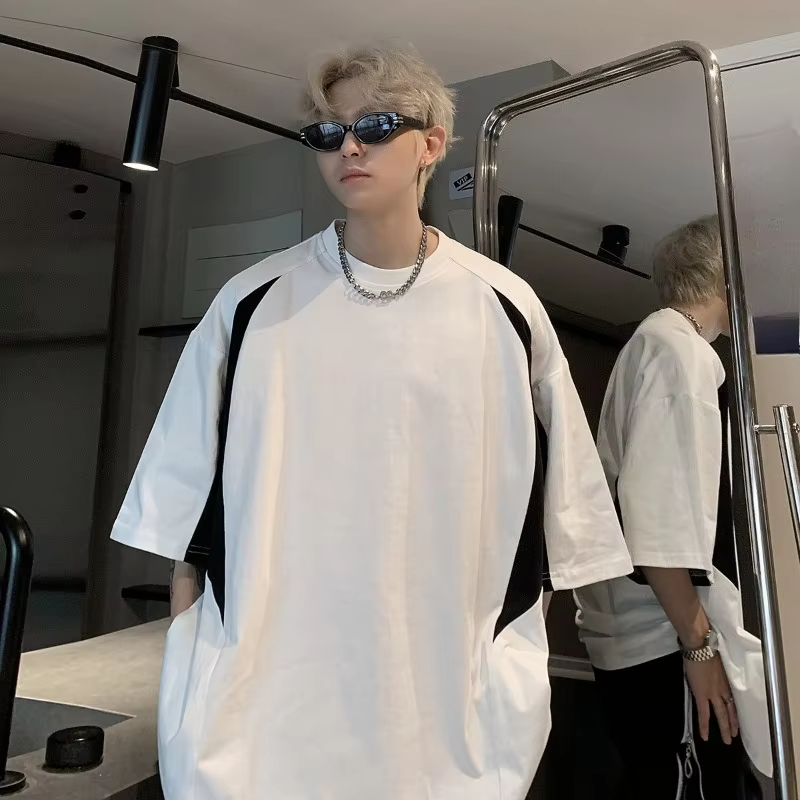Oversized Big and Tall Men's T-Shirt 300lbs Pure Cotton Summer Tee American Style Color Blocking Trendy Loose Fit Top