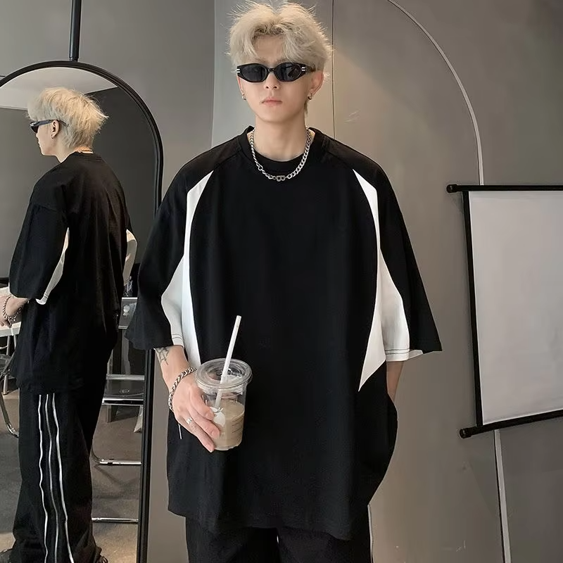 Oversized Big and Tall Men's T-Shirt 300lbs Pure Cotton Summer Tee American Style Color Blocking Trendy Loose Fit Top