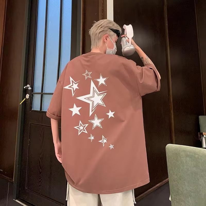 Men's Plus Size Short Sleeve T-Shirt with Stars and Letters Print Loose Fit Casual Summer Top for Big and Tall Individuals