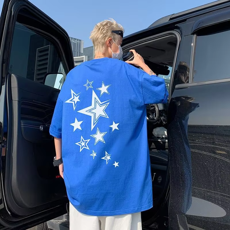 Men's Plus Size Short Sleeve T-Shirt with Stars and Letters Print Loose Fit Casual Summer Top for Big and Tall Individuals