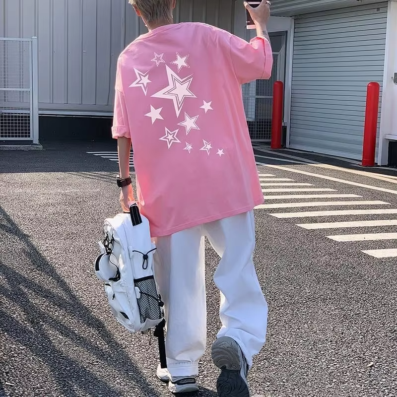 Men's Plus Size Short Sleeve T-Shirt with Stars and Letters Print Loose Fit Casual Summer Top for Big and Tall Individuals